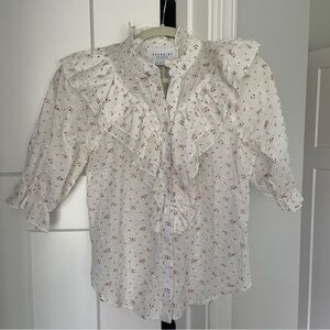 The Shirt by Rochelle Behrens White Ruffle Floral Button Down Blouse